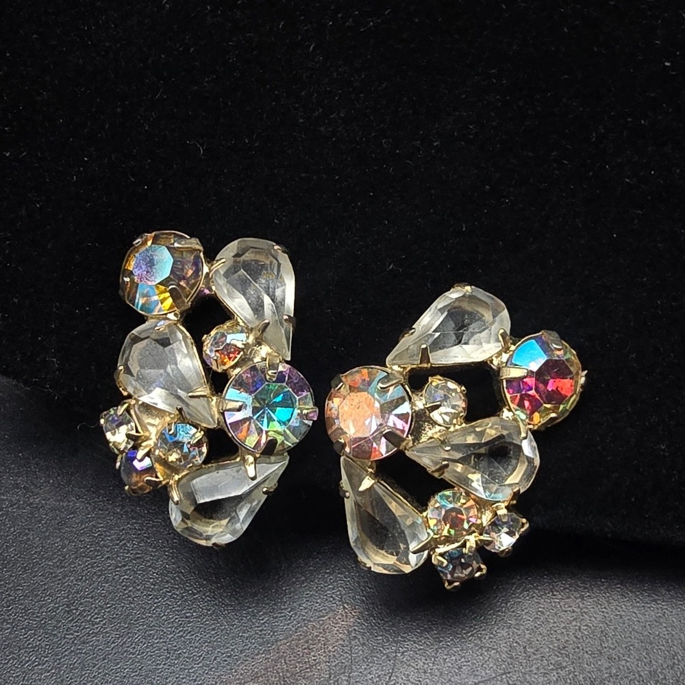 Aurora Borealis Rhinestone Clip On Earrings Vintage Glam